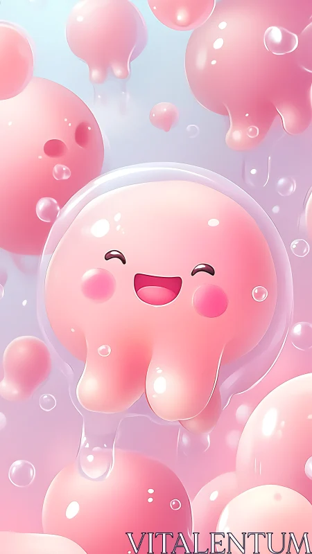 Smiling pink jelly character floating among glossy bubbles.
