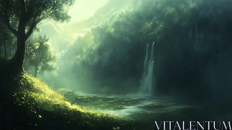 Luminous Forest Canyon with Waterfall and Ethereal Light