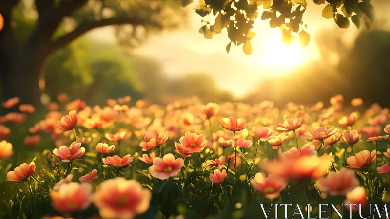 Flower field under warm sunset light with shallow depth.