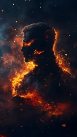 Silhouette of a fireborn figure blazing against midnight smoke.