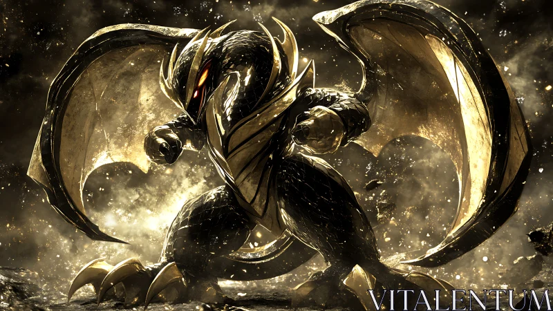 Armored obsidian dragon in blazing golden battleground.