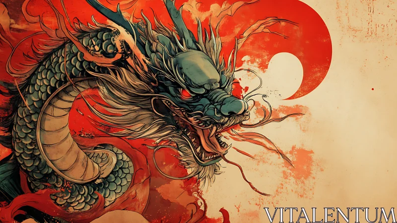 Blue scaled dragon head against bold red circular backdrop.