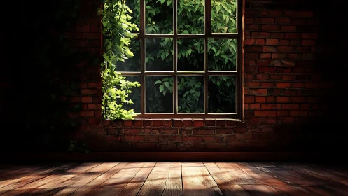 Photorealistic brick interior with verdant window framing.
