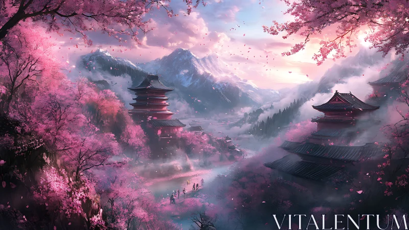 Petal storms drift through temples dreaming of distant peaks