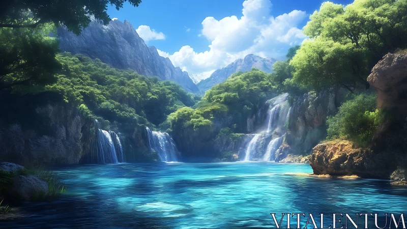 Crystal cascades pour into a hidden turquoise valley pool.