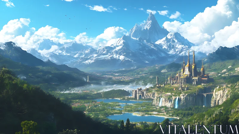 Fantasy citadel panorama with tiered alpine environment design.