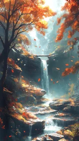 Autumn canyon waterfall under luminous misty backlight.