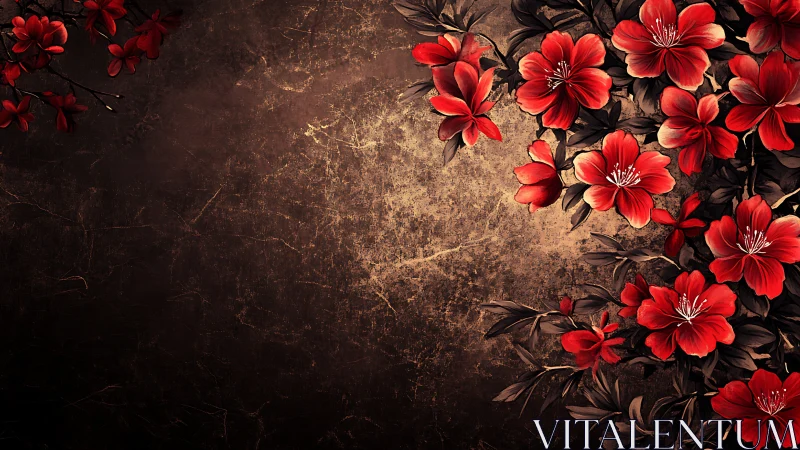 Red Floral Cascade Against Weathered Bronze Textured Background.