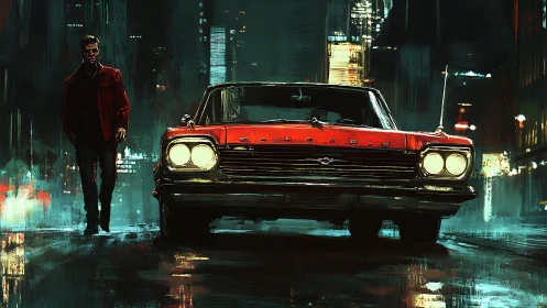 Midnight muscle car prowl with neon soaked loner stride.