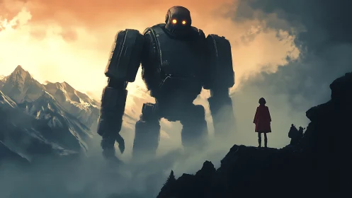Colossal robot confronts lone figure above misty mountains