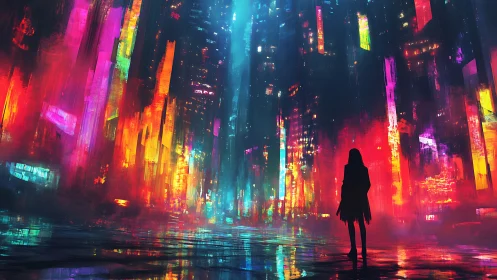 Silhouette in neon urban canyon within abstract cityscape.