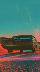 Sunset muscle car roaring through neon desert dust. Period.