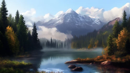 Mountain lake with conifer forest and low morning mist.
