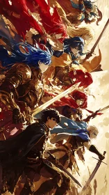 Legendary swords raised high in a whirlwind of golden light.