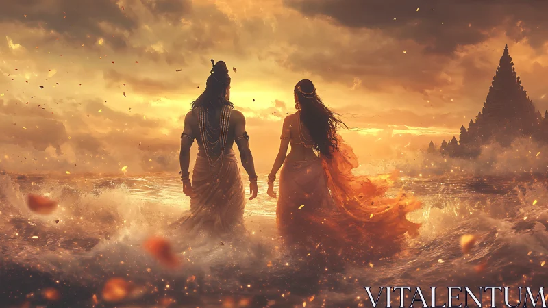 Mythic couple facing ocean waves at sunset shore.