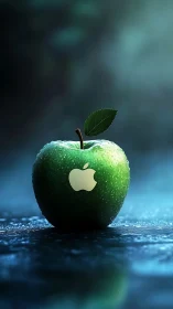 Green apple with logo glows in cool cinematic lighting.