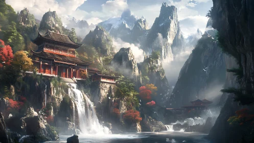 Mountain temples above cascading river in misty valley.