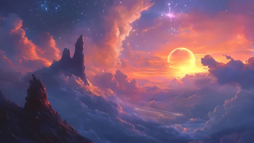 Celestial sunset sky with rocky peaks above bright clouds.