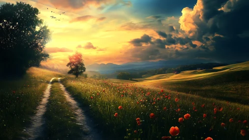 Sunlit country path slips into a storm-painting horizon