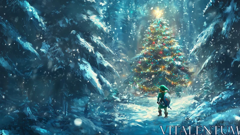 Digital painting of lone hero before enchanted winter tree.