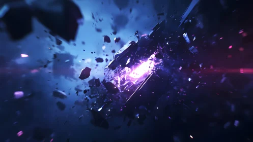 Futuristic Space Debris Explosion with Glowing Purple Energy.