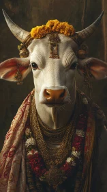 Regal sacred cow in ornate floral and gold adornment.