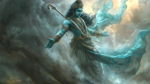 Divine blue deity ascending through swirling celestial clouds.