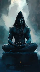 Meditating blue deity in shadowed cave with soft glow.