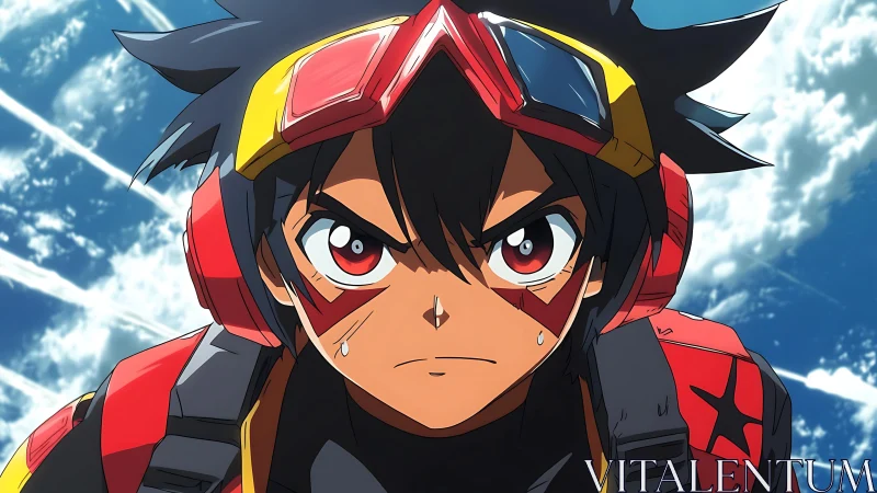 Anime pilot with red gear stares ahead with fierce focus