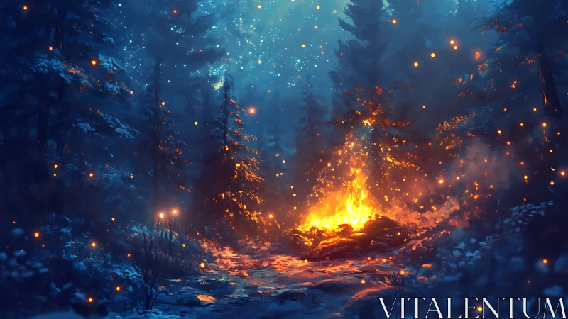 Nocturnal Campfire Illumination in Snowy Forest.