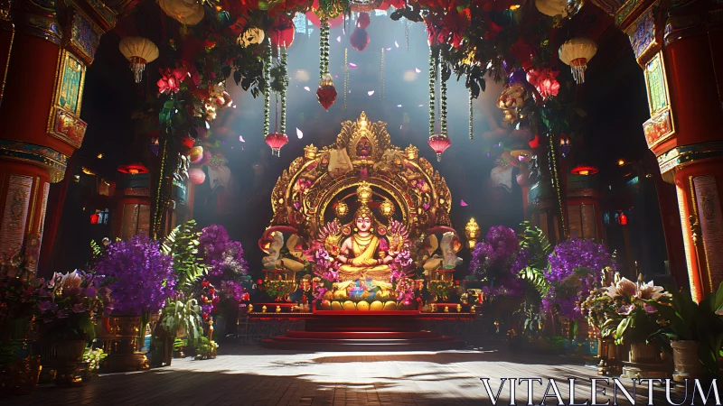 Golden temple garden where quiet light meets rich color.