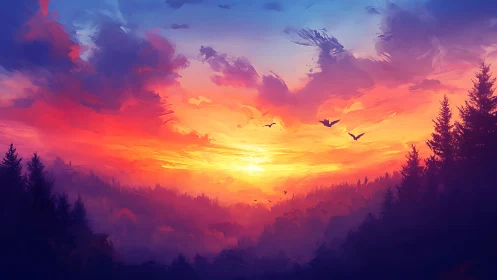 Sunset storm of colors pours firelight across silent pines