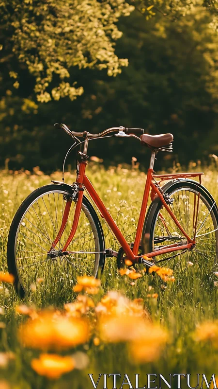 Vintage Red Bicycle in a Blooming Yellow Wildflower Meadow