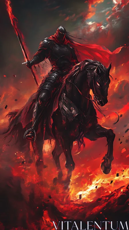 Armored dark knight on warhorse above erupting magma field