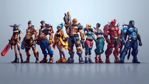 Ragtag cyber gladiator squad lined up for neon mayhem.