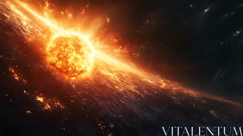 Stellar impact shock front across disintegrating planetary crust.