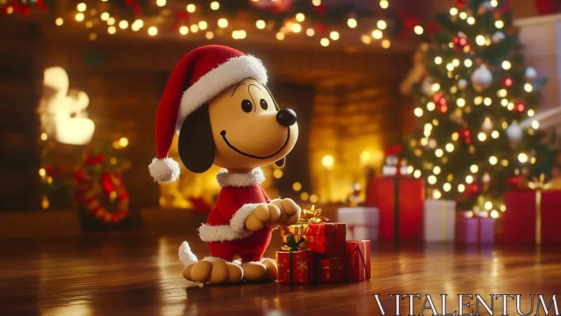 Festive cartoon dog in Santa outfit waits by Christmas tree.