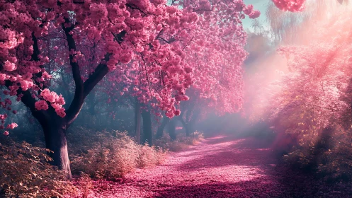 Cherry blossom path in soft morning backlight haze.