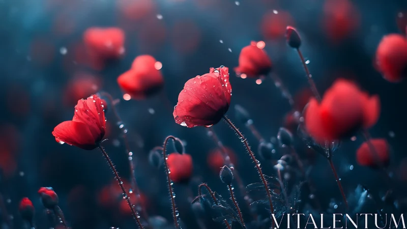 Red Poppies with Crystalline Water Droplets in Teal Bokeh Field