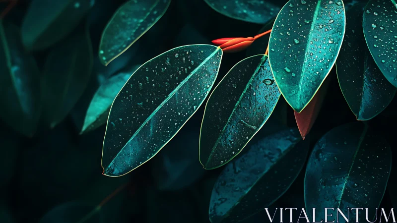 Macro study of wet tropical leaves under low key lighting