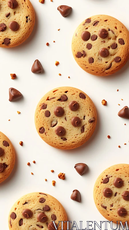 Soft chocolate chip cookies on bright minimalist backdrop