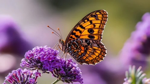 Vibrant orange butterfly poised on vivid purple blossoms.
