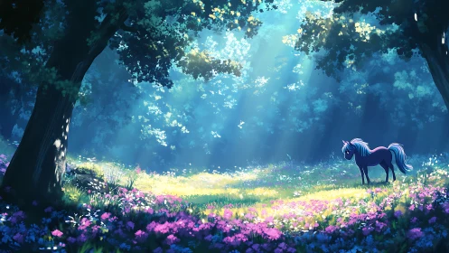 Luminescent forest glade with stylized pastel unicorn and flora
