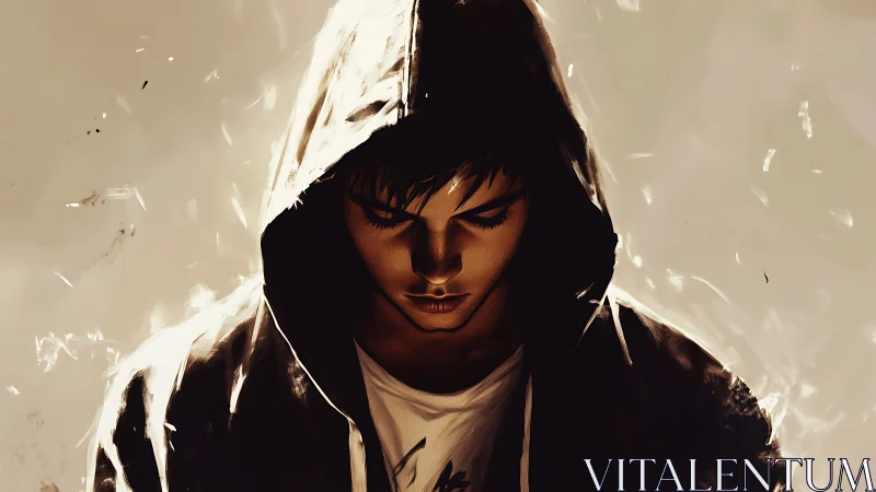 Hooded loner bends light and shadow in quiet rebellion.