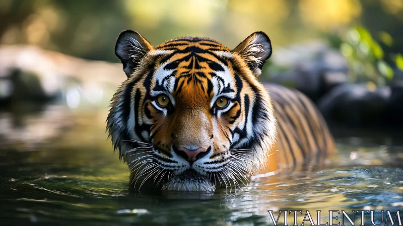 Silent tiger gaze emerging from sunlit forest pool.