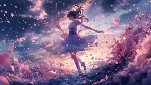 Sunlit anime girl dancing in swirling cherry blossoms.