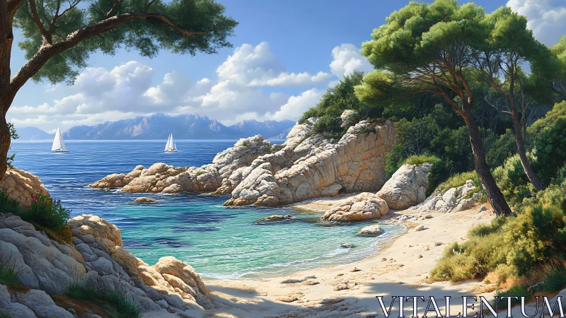 Mediterranean Coastal Cove with Sailboats and Rocky Shoreline.