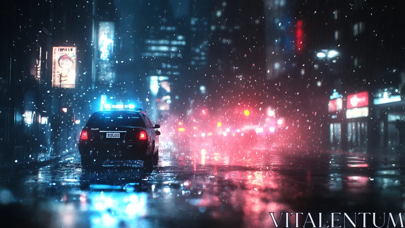 Police car idles on wet city street under heavy night rain