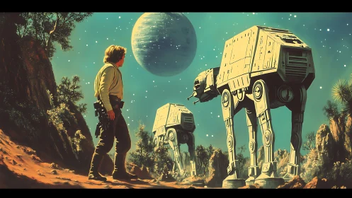 Starlit wanderer confronting colossal walkers on alien sands.