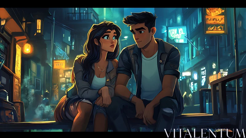 Neon lit urban alleyway with contemplative couple on railing